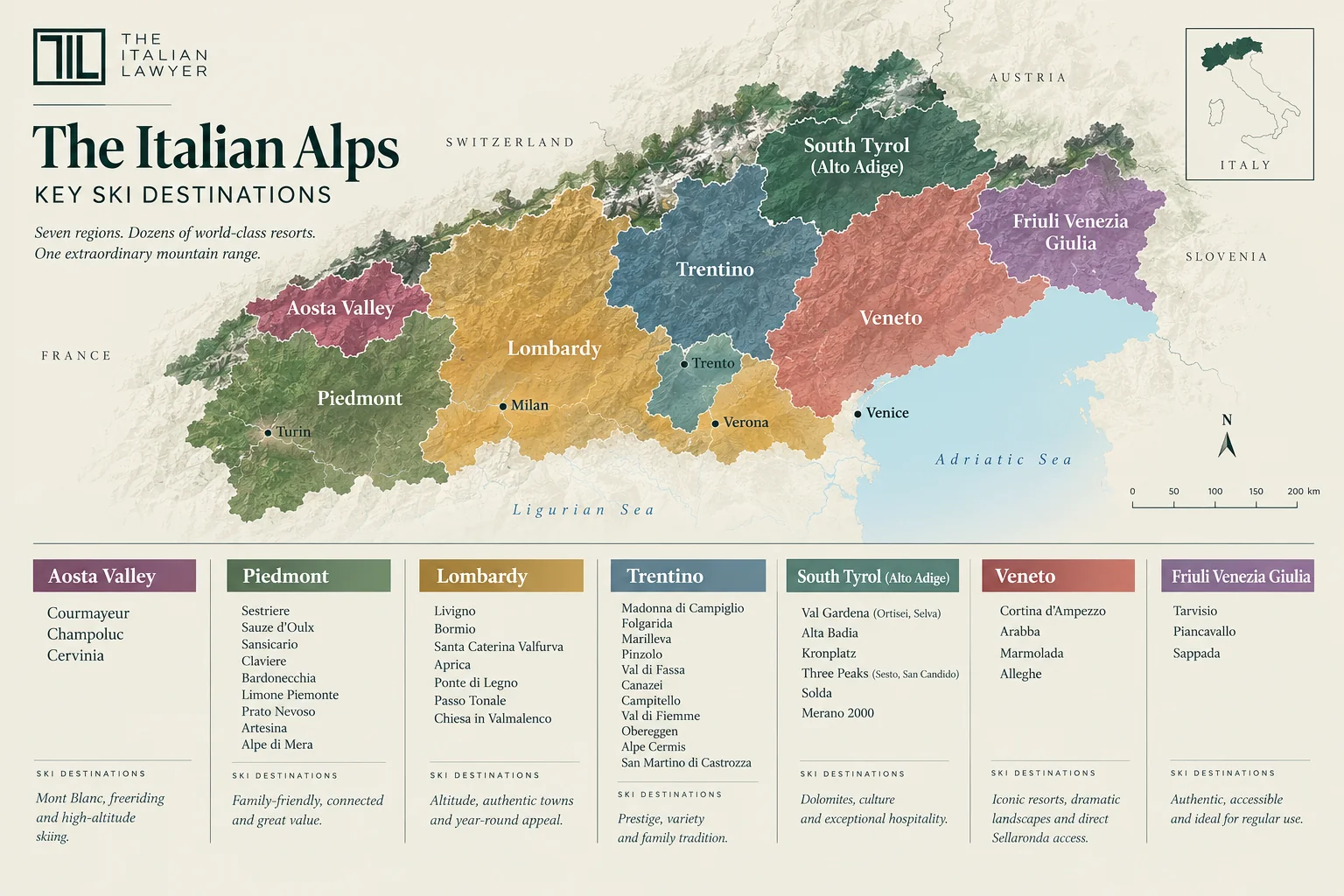 A map of the seven main ski destinations and resorts in Italy